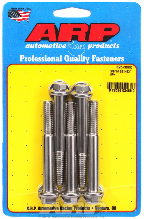 "3/8""-16 x 3.000 hex 7/16 wrenching SS bolts" (5pcs)