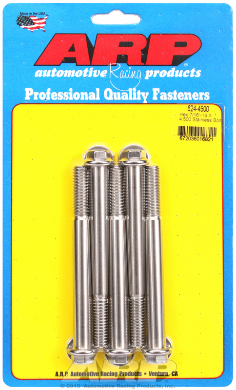 "7/16""-14 X 4.500 hex 1/2 wrenching SS bolts" (5pcs)