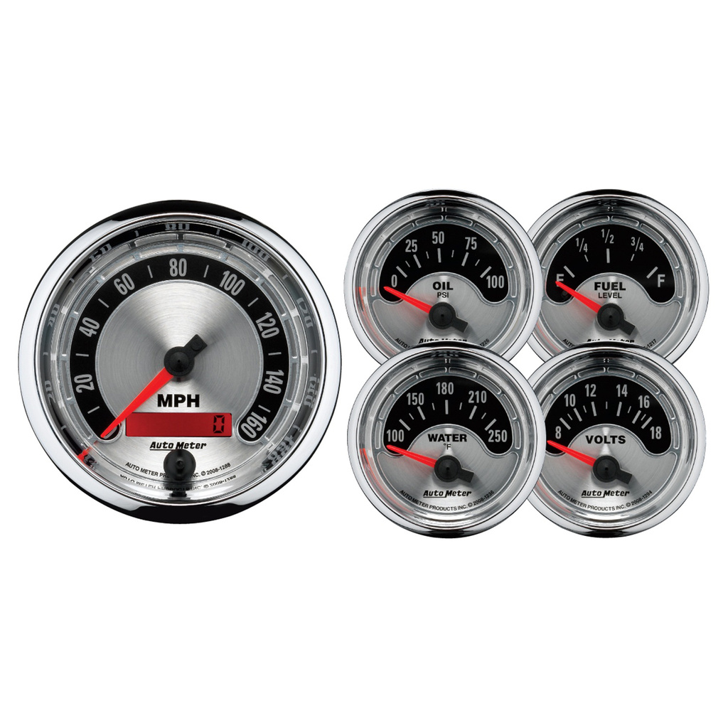 5 Pc. Gauge Kit, 3-3/8" & 2-1/16", Elec. Speedometer, American Muscle