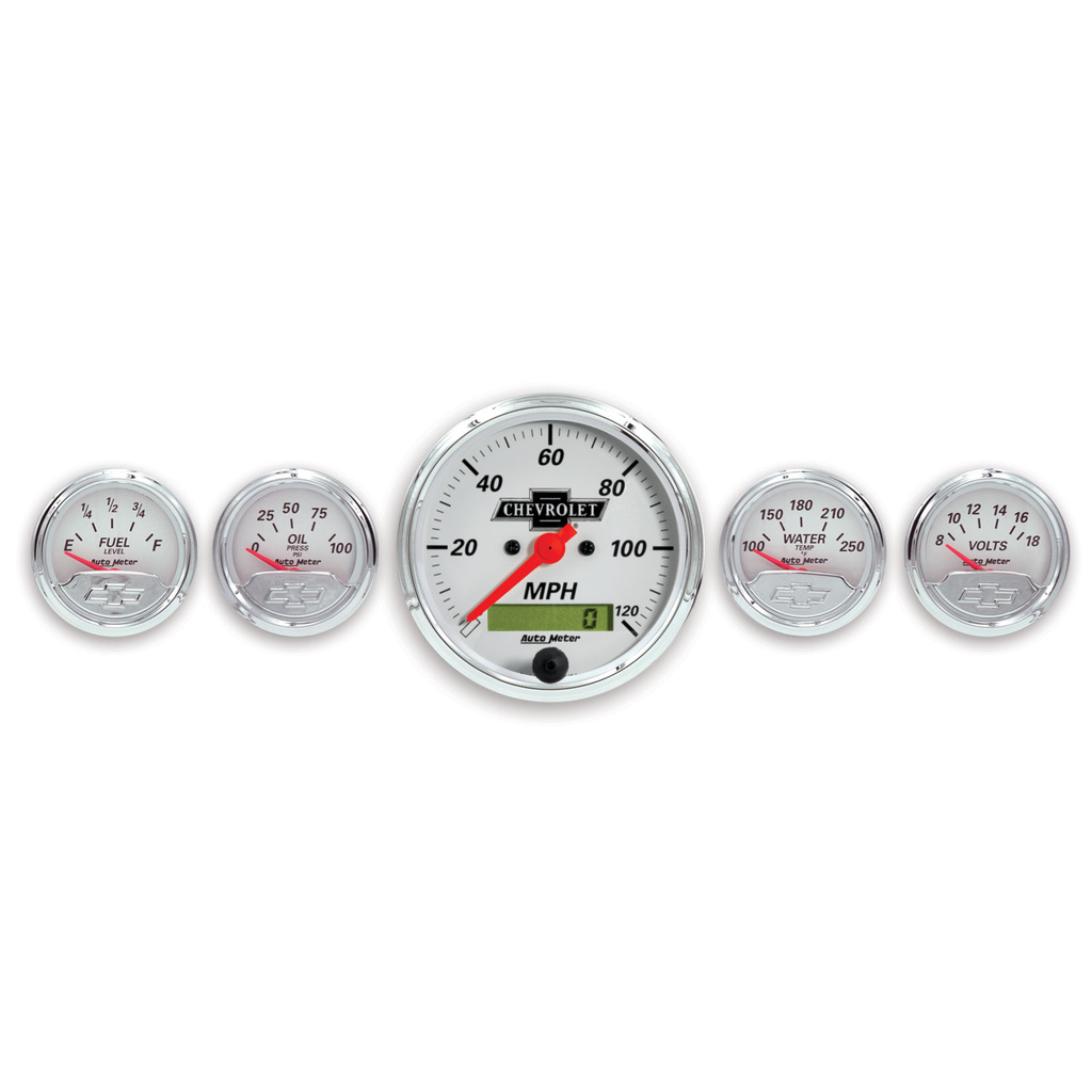5 Pc. Gauge Kit, 3-1/8" & 2-1/16", Elec. Speedo., Chevrolet Heritage Bowtie